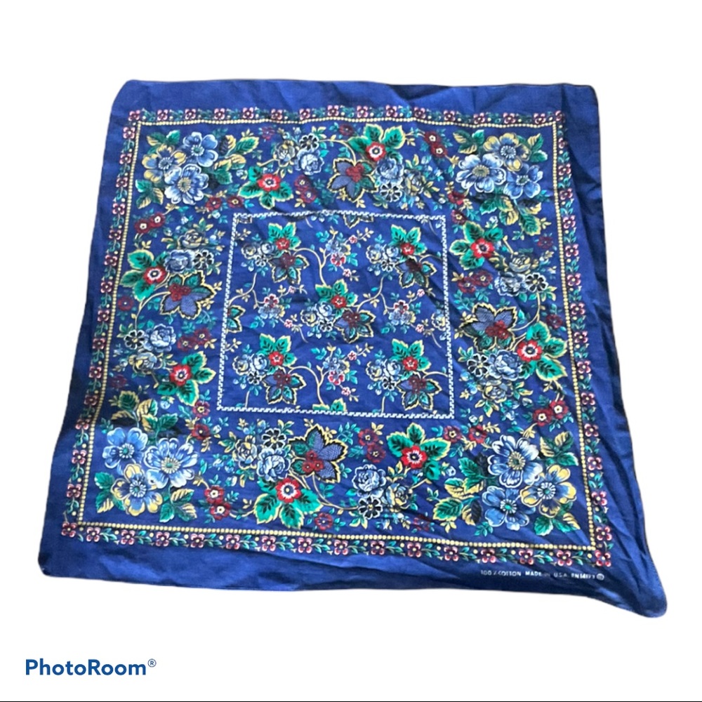 Blue floral handkerchief 20” square cotton